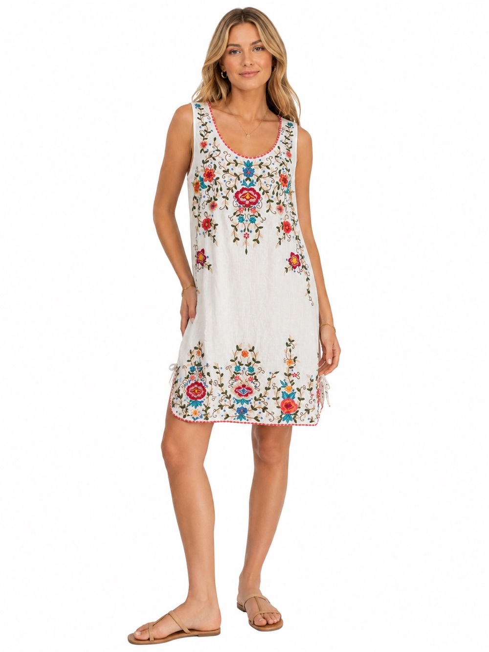 Johnny Was Sleeveless Embroidered Linen Dress White Multi Small Casual Coastal